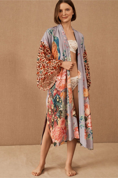 Peacock Print Beach Kimono Dress