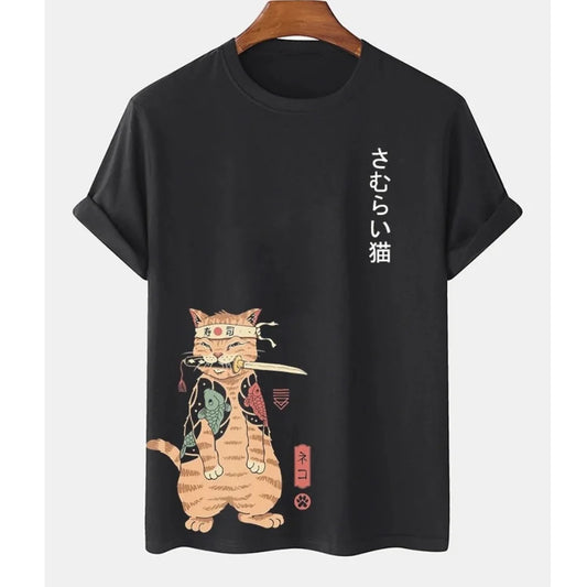 Men's Cartoon Samurai Cat T-Shirt – Loose, Short Sleeve, Casual, Hip Hop