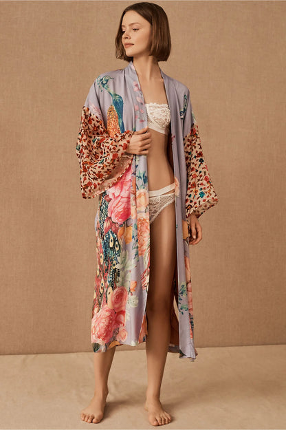 Peacock Print Beach Kimono Dress