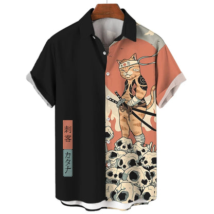 Men's Samurai Cat Hawaiian Shirt – Casual, Short-Sleeve, Button-Up