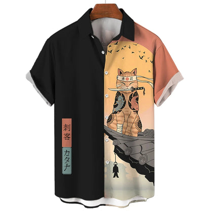 Men's Samurai Cat Hawaiian Shirt – Casual, Short-Sleeve, Button-Up