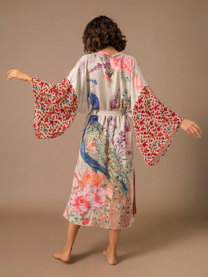 Peacock Print Beach Kimono Dress