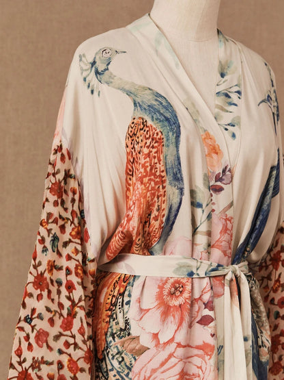 Peacock Print Beach Kimono Dress