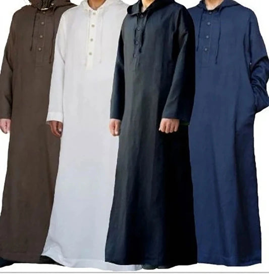 Men's Islamic Juba Robe – Long Sleeve, Hooded, Buttoned, with Pockets