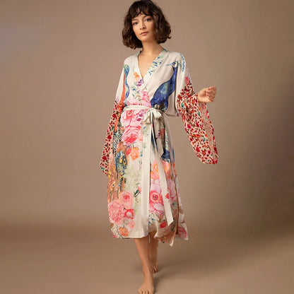 Peacock Print Beach Kimono Dress