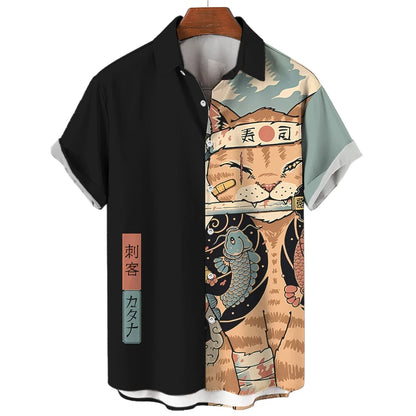 Men's Samurai Cat Hawaiian Shirt – Casual, Short-Sleeve, Button-Up