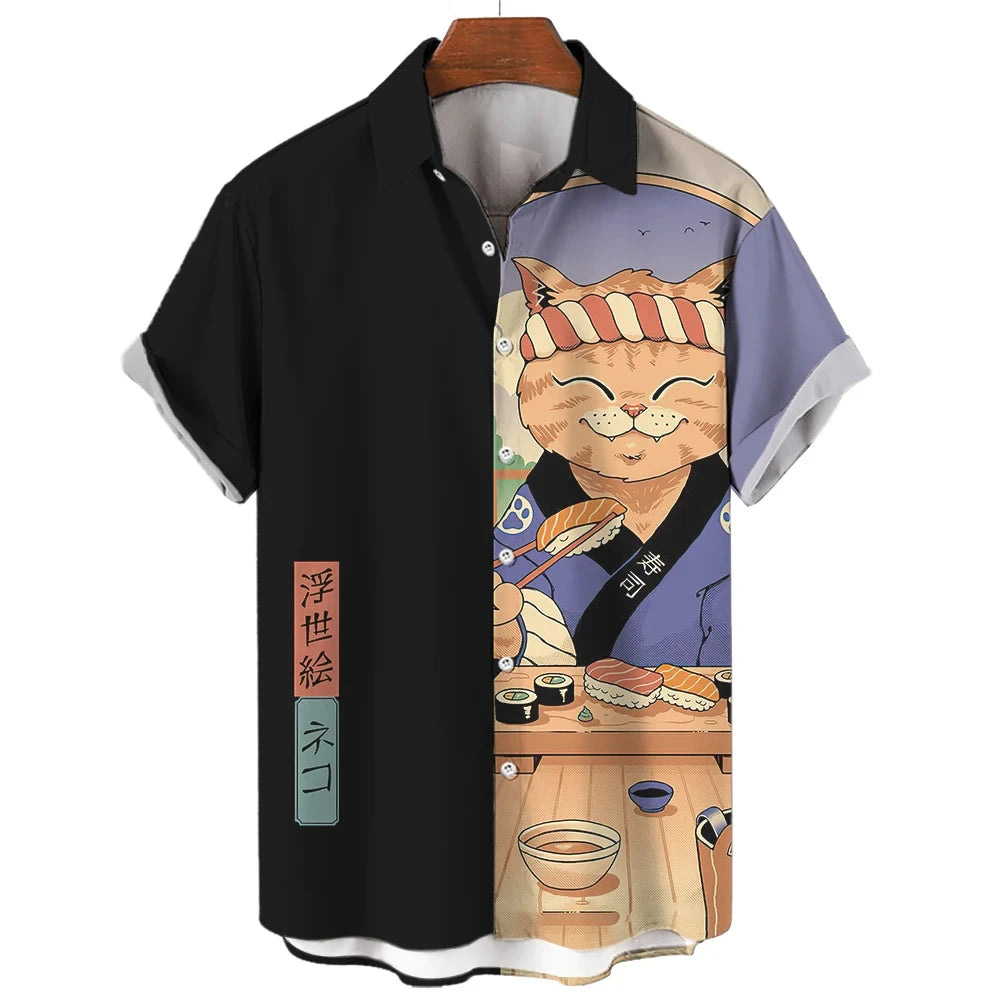 Men's Samurai Cat Hawaiian Shirt – Casual, Short-Sleeve, Button-Up