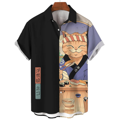 Men's Samurai Cat Hawaiian Shirt – Casual, Short-Sleeve, Button-Up