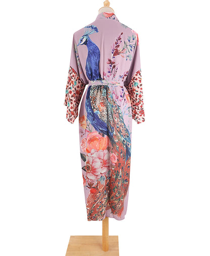 Peacock Print Beach Kimono Dress
