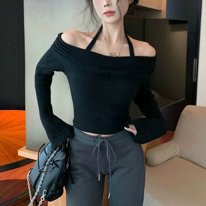 Deeptown Slim Fit Halter Long Sleeve Top