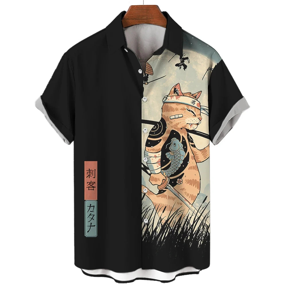 Men's Samurai Cat Hawaiian Shirt – Casual, Short-Sleeve, Button-Up