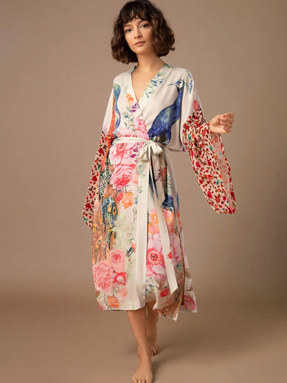 Peacock Print Beach Kimono Dress