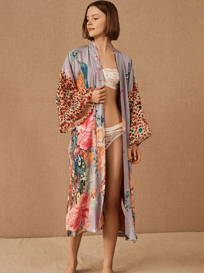 Peacock Print Beach Kimono Dress