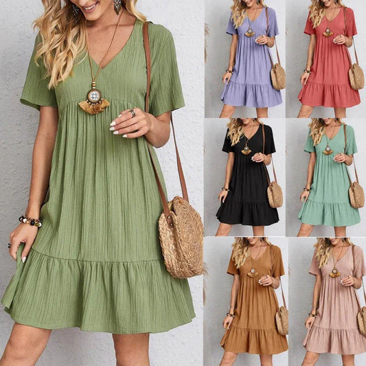 Women’s Loose V-Neck Pleated Dress